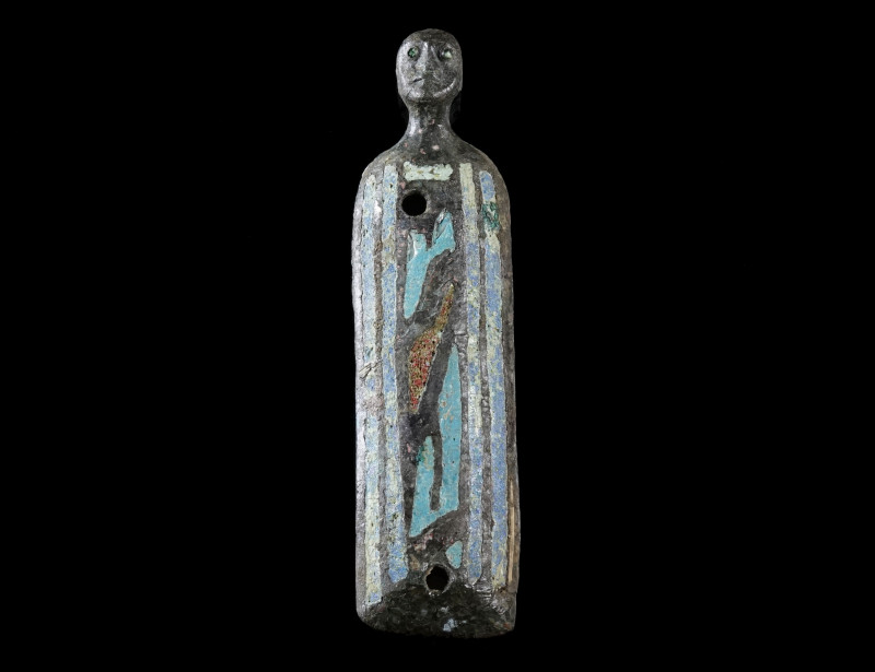 A MEDIEVAL COPPER ALLOY ENAMELLED LIMOGES FIGURE
Circa 13th century AD.
Limoge...