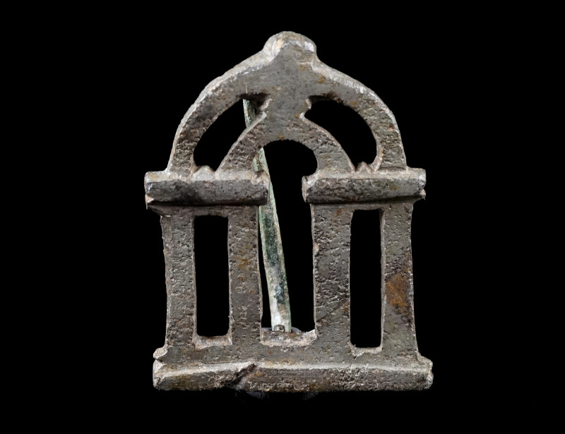 A ROMAN BRONZE OPENWORK GATE/TEMPLE BROOCH
Circa 2nd-3rd century AD.
Tinned br...