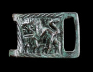 A BRONZE BELT BUCKLE WITH A LION
Circa 9th-11th century AD.
Byzantine / First Bulgarian Empire. Square plate of a belt buckle with a stylised lion s...