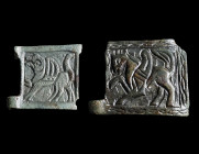 TWO BRONZE BELT BUCKLES WITH A GRIFFIN
Circa 9th-11th century AD.
Byzantine / First Bulgarian Empire. Square plates of belt buckles with a stylised ...
