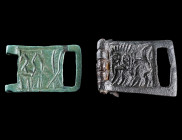 TWO BRONZE BELT BUCKLES WITH A LION
Circa 9th-11th century AD.
Byzantine / First Bulgarian Empire. Square plates of belt buckles with a stylised lio...