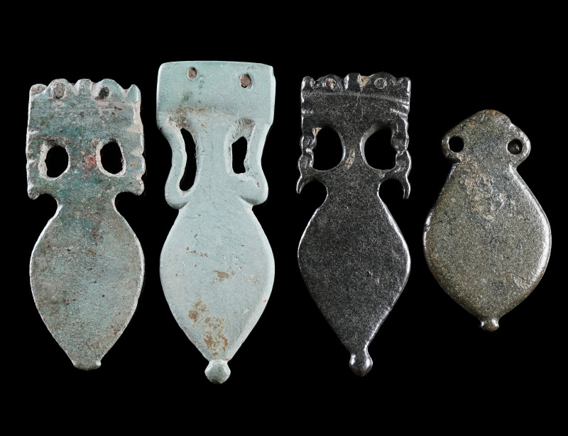 A GROUP OF FOUR ROMAN BRONZE AMPHORA-SHAPED STRAP-ENDS
Circa 4th century AD.
F...