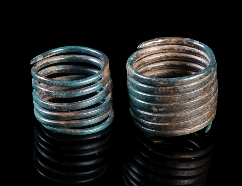 TWO EUROPEAN LATE BRONZE AGE SPIRALS
Circa 1200-800 BC.
Two small bronze spira...