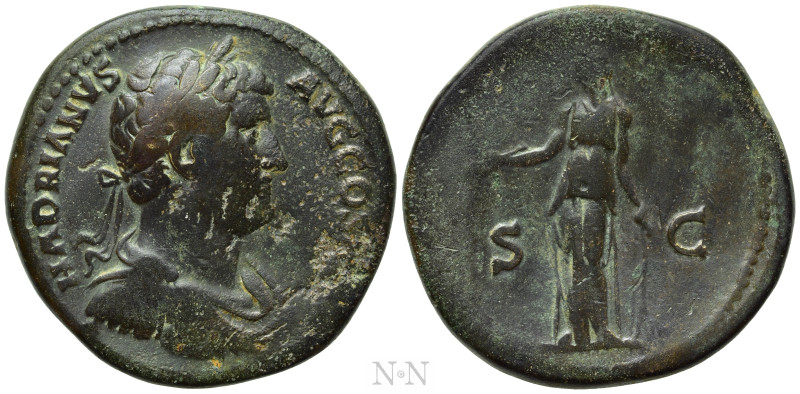 HADRIAN (117-138). Sestertius. Rome. 

Obv: HADRIANVS AVG COS III P P. 
Laure...