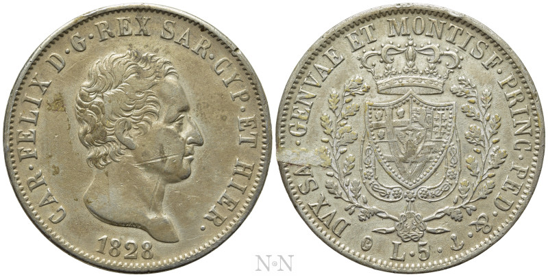 ITALY. Regno di Sardegna. Carlo Felice di Savoia (1821-1831). 5 Lire (1828-P). G...