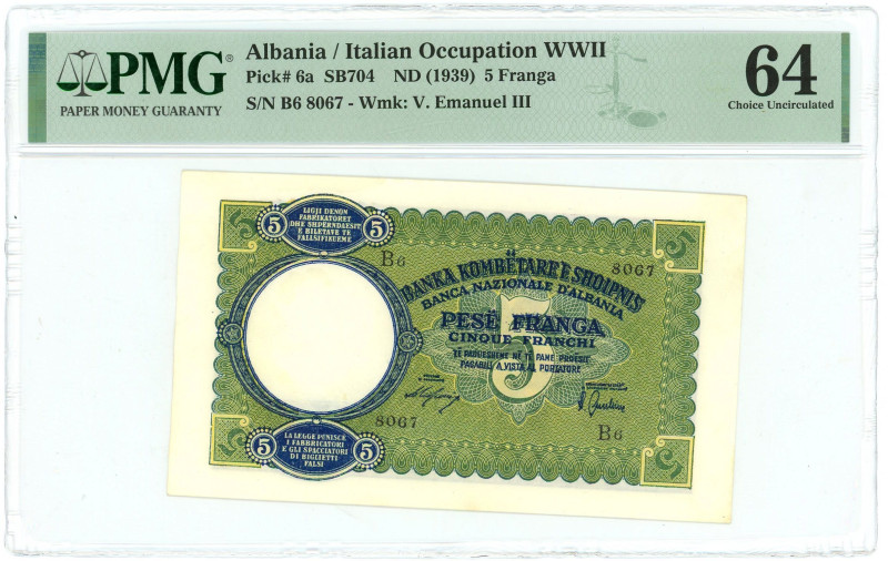 Albania 5 Franga 1939 (ND) PMG 64 Choice Uncirculated

P# 6a, N# 240076; # B68...