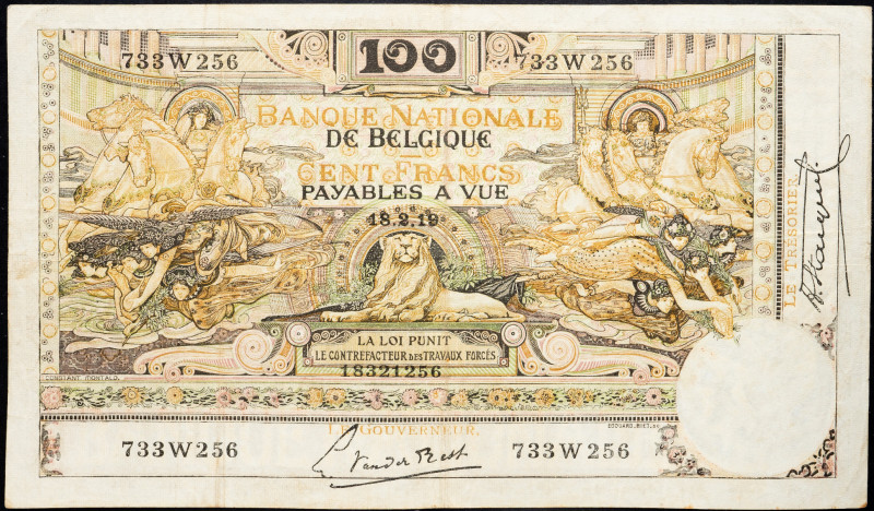 Belgium 100 Francs 1919

P# 78, N# 219325; # 733W256; VG