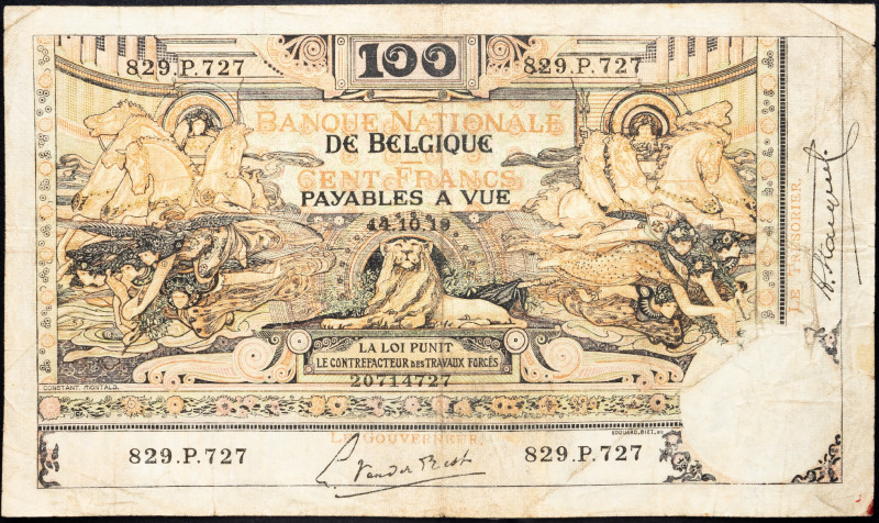 Belgium 100 Francs 1919

P# 78, N# 219325; # 829.P.727; VG