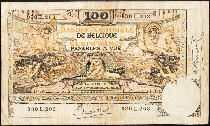 Belgium 100 Francs 1920

P# 78, N# 219325; # 930.L.203; VG
