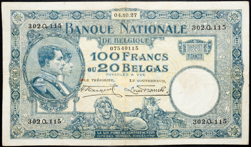 Belgium 100 Francs / 20 Belgas 1927

P# 102, N# 208669; # 302.O.115; VG