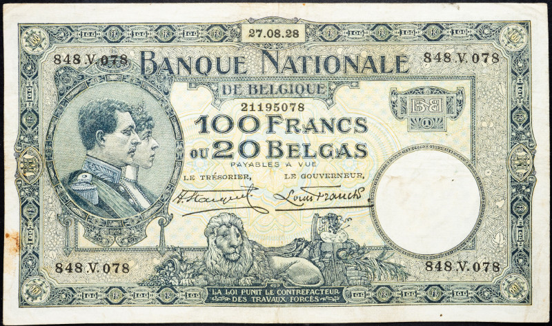 Belgium 100 Francs / 20 Belgas 1928

P# 102, N# 208669; # 848.V.078; F