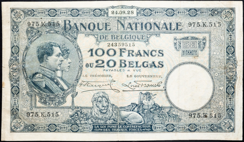 Belgium 100 Francs / 20 Belgas 1928

P# 102, N# 208669; # 975.K.515; F