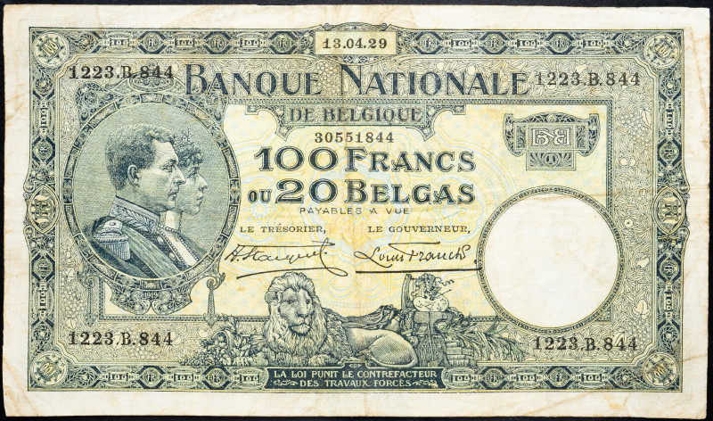 Belgium 100 Francs / 20 Belgas 1929

P# 102, N# 208669; # 1223.B.844; VG