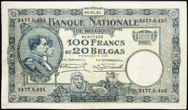 Belgium 100 Francs / 20 Belgas 1931

P# 102, N# 208669; # 2477.S.425; F