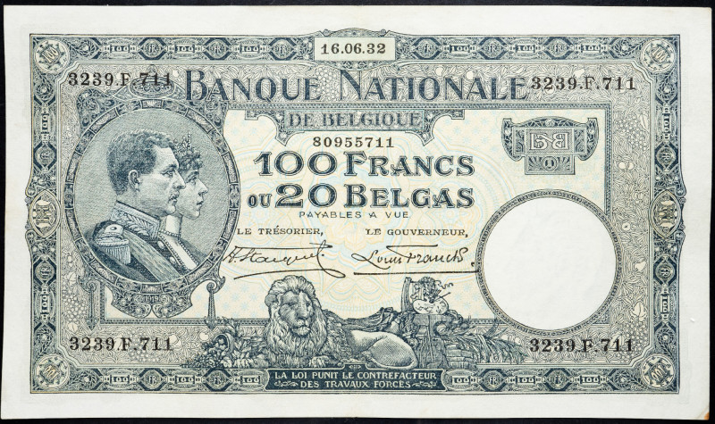 Belgium 100 Francs / 20 Belgas 1932

P# 102, N# 208669; # 3239.F.711; XF