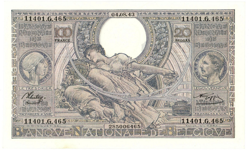 Belgium 100 Francs / 20 Belgas 1943

P# 107, N# 208273; # 11401.G.465; XF