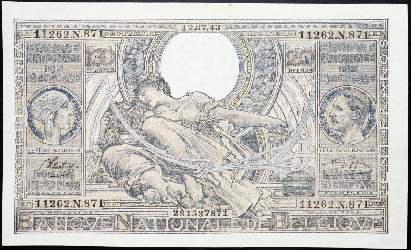 Belgium 100 Francs / 20 Belgas 1943

P# 107, N# 208273; # 11262.N.871; XF-