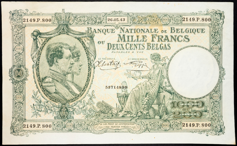 Belgium 1000 Francs / 200 Belgas 1943

P# 110, N# 242017; # 2149.P.800; VF