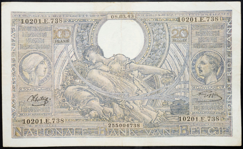 Belgium 100 Francs / 20 Belgas 1943

P# 112, N# 204257; # 10201.E.738; VF