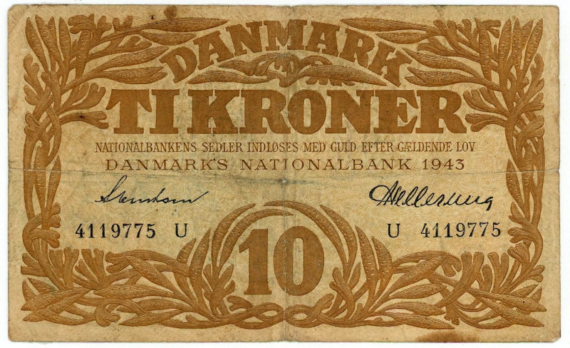 Denmark 10 Kroner 1943

P# 31o, N# 207044; # U 4119775; VF-