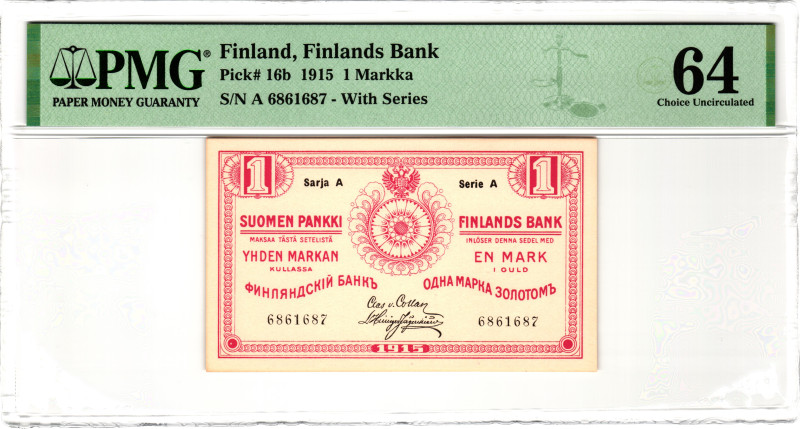 Finland 1 Markka 1915 PMG 64 Choice Unc

P# 16b, N# 214687; # A 6861687