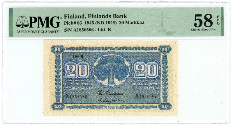 Finland 20 Markkaa 1945 PMG 58 Choice About Unc

P# 86, N# 208905; # A 1856566