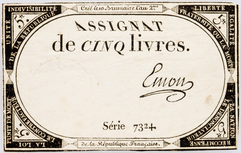 France 5 Livres 1793 Assignat

P# A76, N# 210589; # 7324; VF