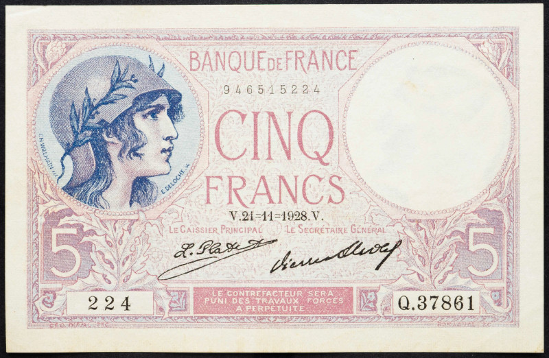 France 5 Francs 1928

P# 72d, N# 206630; # 224 Q.37861; VF