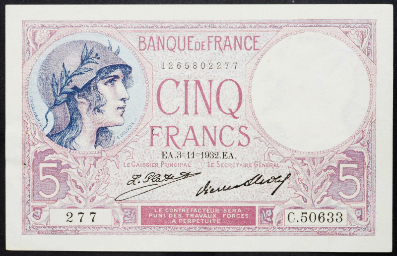 France 5 Francs 1932

P# 72d, N# 206630; # C.50633 277; XF-, with holes