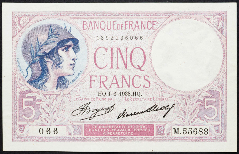 France 5 Francs 1933

P# 72e, N# 206630; # M.55688 066; VF