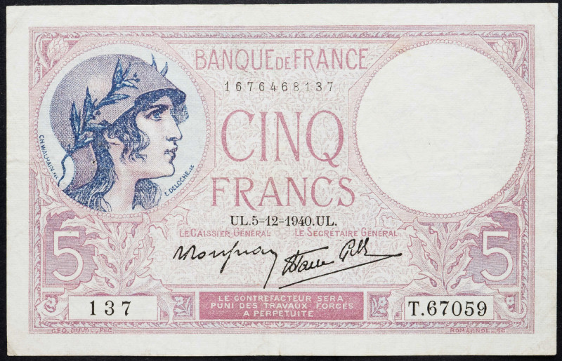 France 5 Francs 1940

P# 83a, N# 203062; # T.67059 137; F, with holes