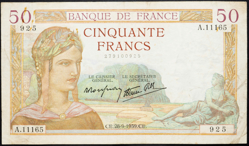 France 50 Francs 1939

P# 85b, N# 206504; # A.11165 925; VG