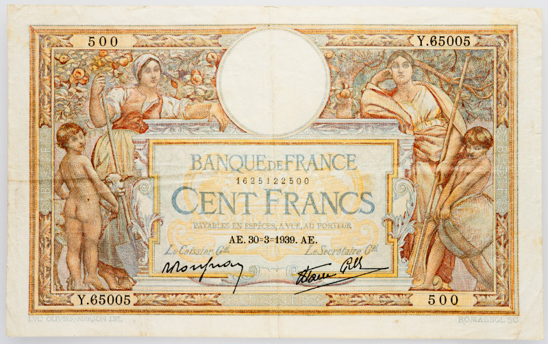 France 100 Francs 1939

P# 86b, N# 206023; # Y.65005 500; VF