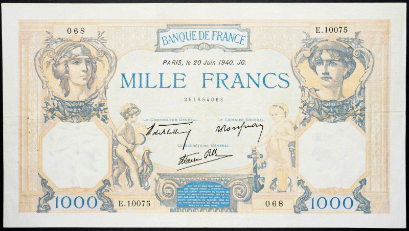 France 1000 Francs 1940

P# 90c, N# 205793; # E.10075 068; VF