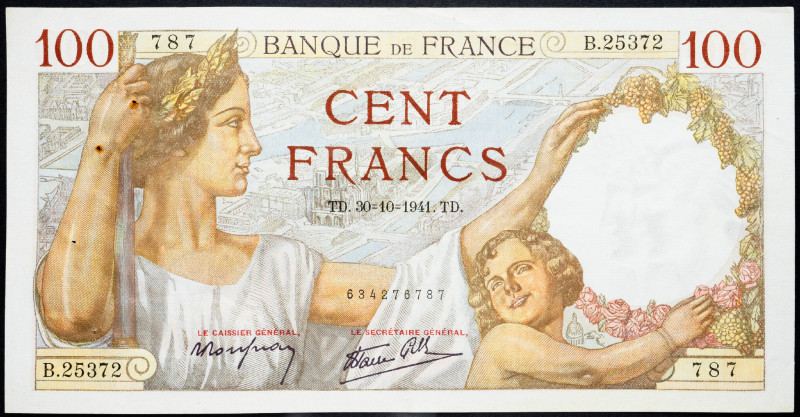 France 100 Francs 1941

P# 94, N# 206018; # B.25372 787; F, with holes