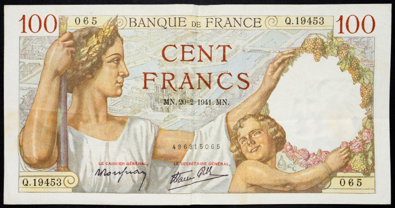 France 100 Francs 1941

P# 94, N# 206018; # Q.19453 065; F