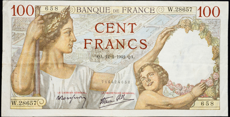 France 100 Francs 1942

P# 94, N# 206018; # W.28657 658; VF