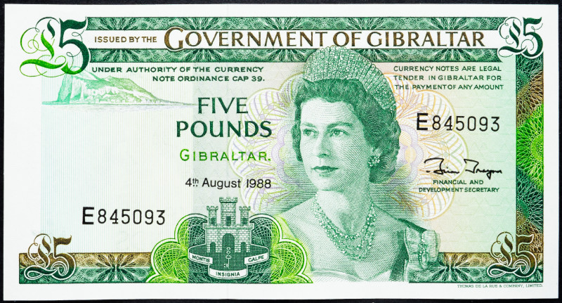 Gibraltar 5 Pounds 1988

P# 21b, N# 214350; # E845093; UNC