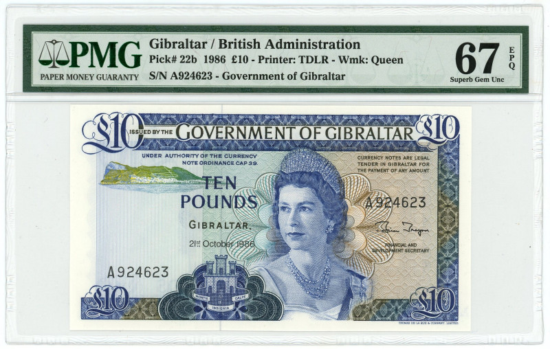 Gibraltar 10 Pounds 1986 PMG 67 EPQ Superb Gem UNC

P# 22b, N# 223408; # A 924...