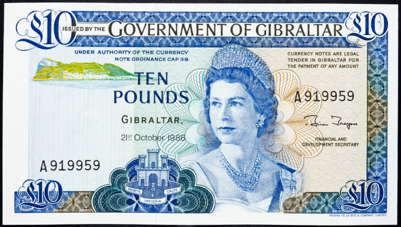 Gibraltar 10 Pounds 1986

P# 22b, N# 223408; # A919959; UNC