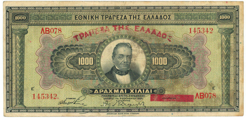 Greece 1000 Drachmai 1928 (ND)

P# 100b, N# 204807; # AB 078 145342; VF-