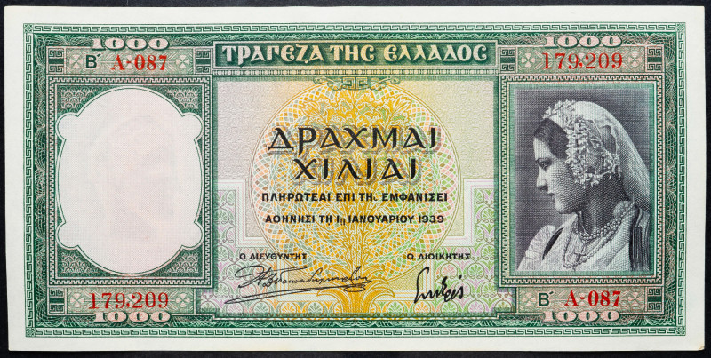 Greece 1000 Drachmai 1939

P# 110a, N# 212108; # A-087 179209; AUNC