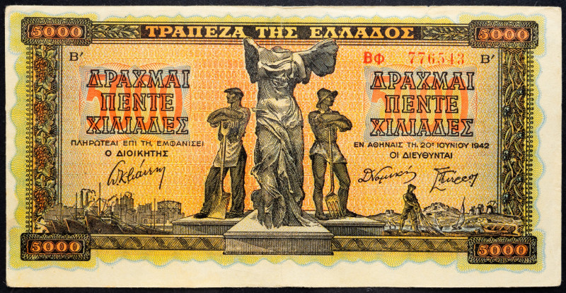 Greece 5000 Drachmai 1942

P# 119, N# 208380; # ВФ 776543; F