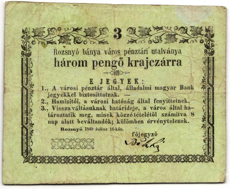 Hungary 3 Pengo Kreuzers 1849

N# 219235; VF