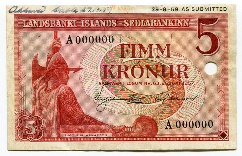 Iceland 5 Kronur 1957 Specimen

P# 37s, N# 208035; # A 000000; AUNC