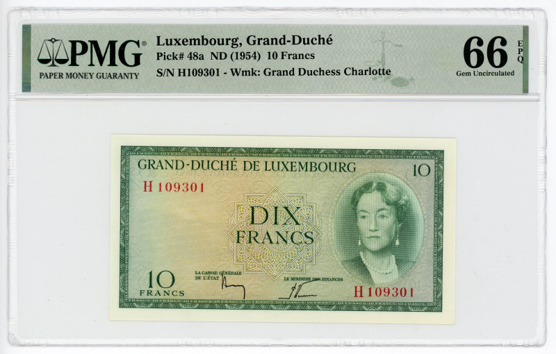 Luxembourg 10 Francs 1954 (ND) PMG 66 EPQ Gem Uncirculated

P# 48a, N# 206240;...