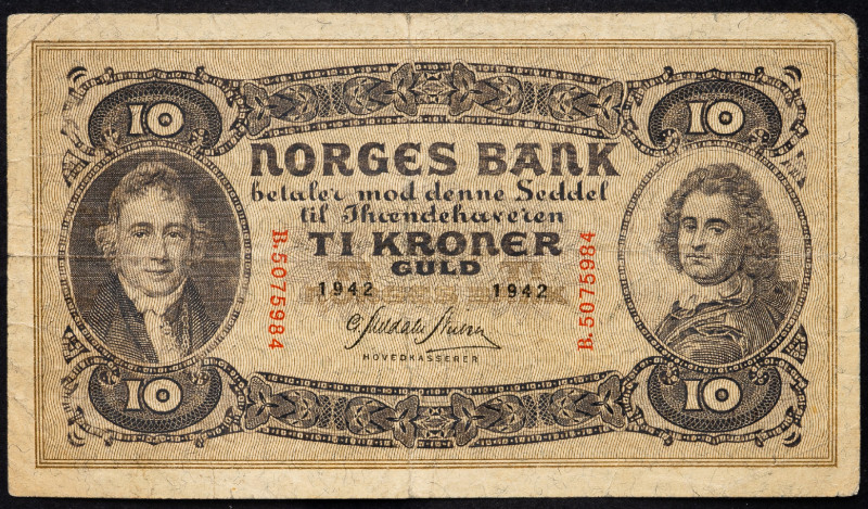 Norway 10 Kroner 1942

P# 8, N# 305222; # B.5075984; F