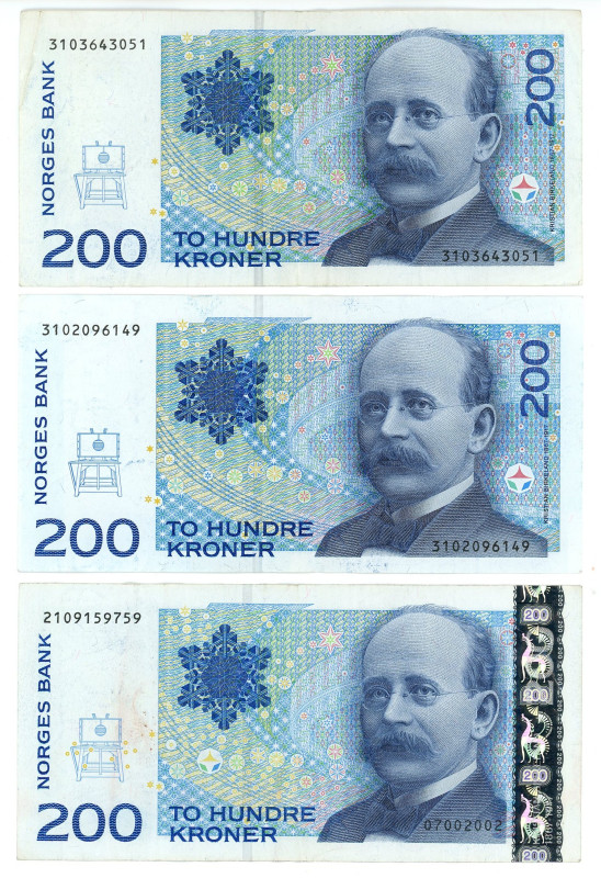 Norway 3 x 200 Kroner 1994 - 2002

P# 48a,b, VF-XF, With Pinholes