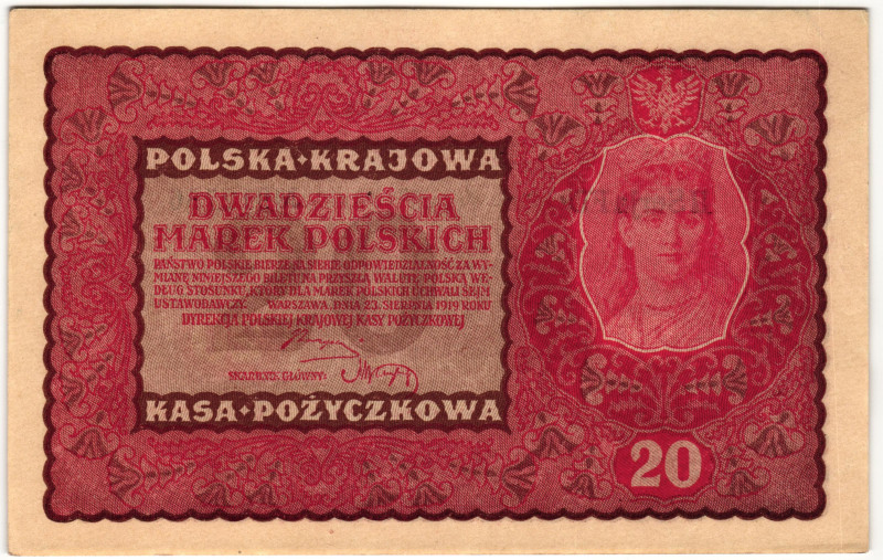 Poland 20 Marks 1919

P# 26, N# 208269; # FD 912756; AUNC