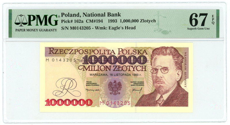 Poland 1000000 Zlotych 1993 PMG 67 EPQ Superb Gem UNC

P# 162a, N# 235798; # M...